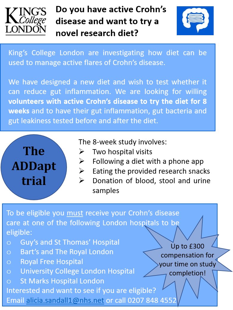 TheGutHealthDoc's tweet image. And just like that, recruitment is OPEN! 🎉 #crohnsdisease #ADDapt please share with anyone who might be eligible (London only), details below. @ProfWhelan @SelinaCoxRD @AaronBancil #teamADDapt
