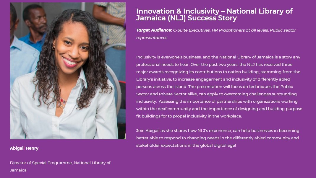 natlibja's tweet photo. 📢Our Director of Special Programmes, Abigail Henry, will be speaking at the 2019 #HRMAB People Leadership Conference speaking on Innovation and Inclusivity at the NLJ! #bigtingsagwaan
https://t.co/2qofkYChyT https://t.co/ta4hF36Zqk