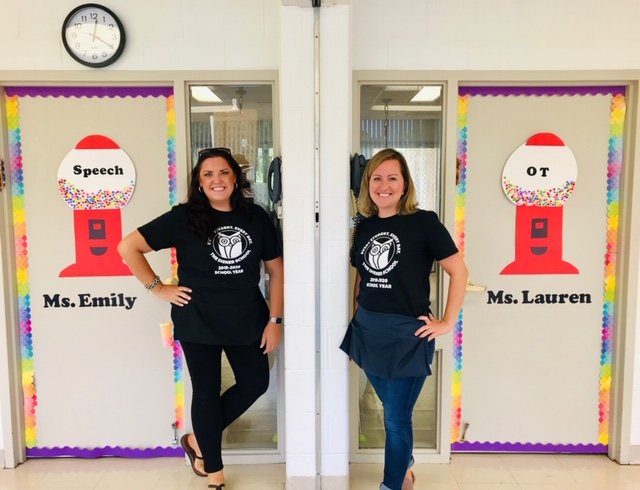 Our fabulous speech and occupational therapists. The second day of school and they have already been into every classroom!  Big smiles after working with all of our students.  Stop by for a tour to see Emily &amp; Lauren in action!