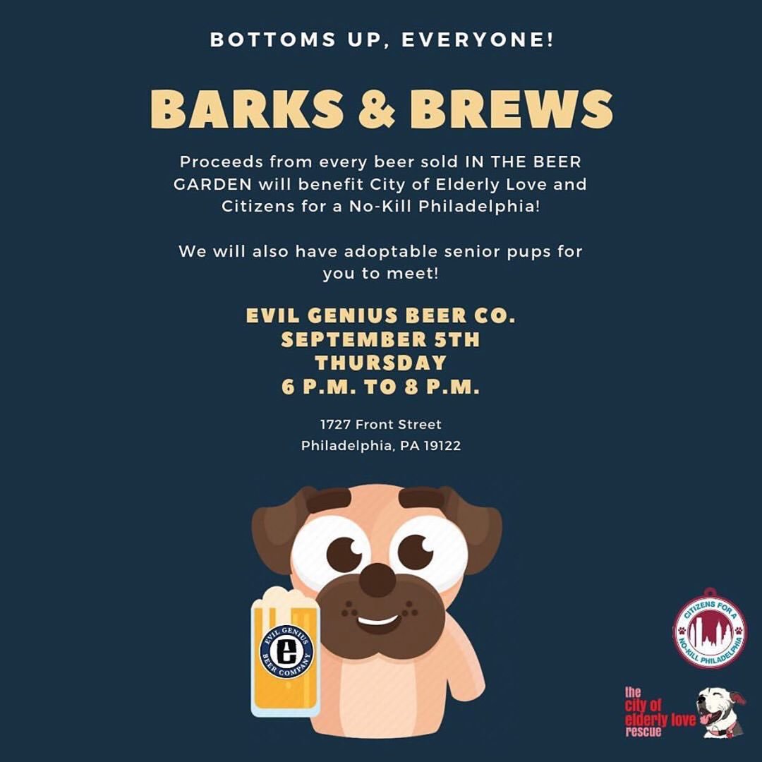EvilGeniusBeer's tweet photo. Tomorrow “Evil Does Good” hosts @PhillyNoKill and @SaveASeniorPet in the Beer Garden! https://t.co/3mIg7xUArC