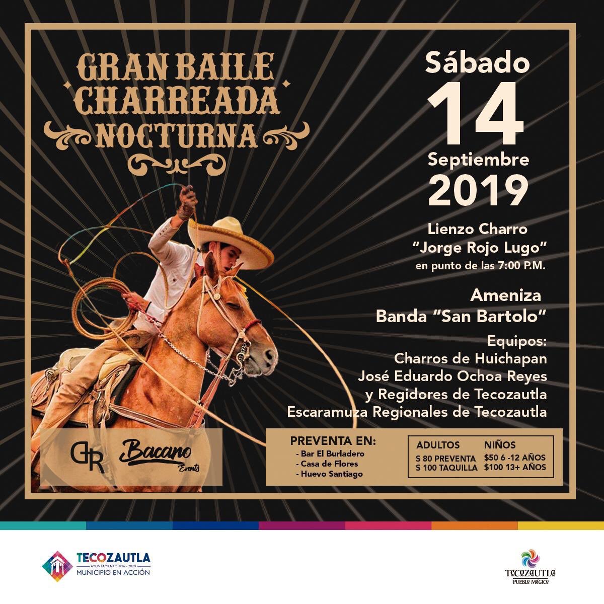 ATENCIÓN TECOZAUTLA

¡Bacano Events y #GrupoDR se visten de charro para celebrar estas fiestas patrias!

¡Qué mejor que con una Charreada Nocturna!

Te esperamos el próximo sábado 14 de septiembre a partir de las 7:00 PM en el lienzo "Jorge Rojo Lugo" de Tecozautla (Hidalgo).
