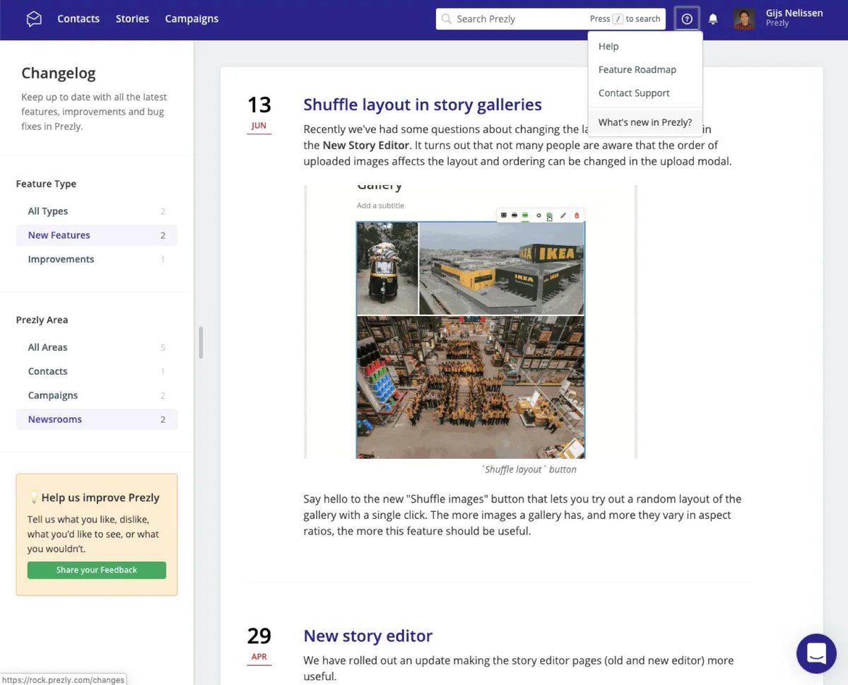 Prezly's tweet photo. Introducing: New Changelog! Here you can find all the latest features, improvements and bug fixes in Prezly. 👍 #pr #product #prezly
https://t.co/TE79zuGxvd https://t.co/fwsZVWf45K