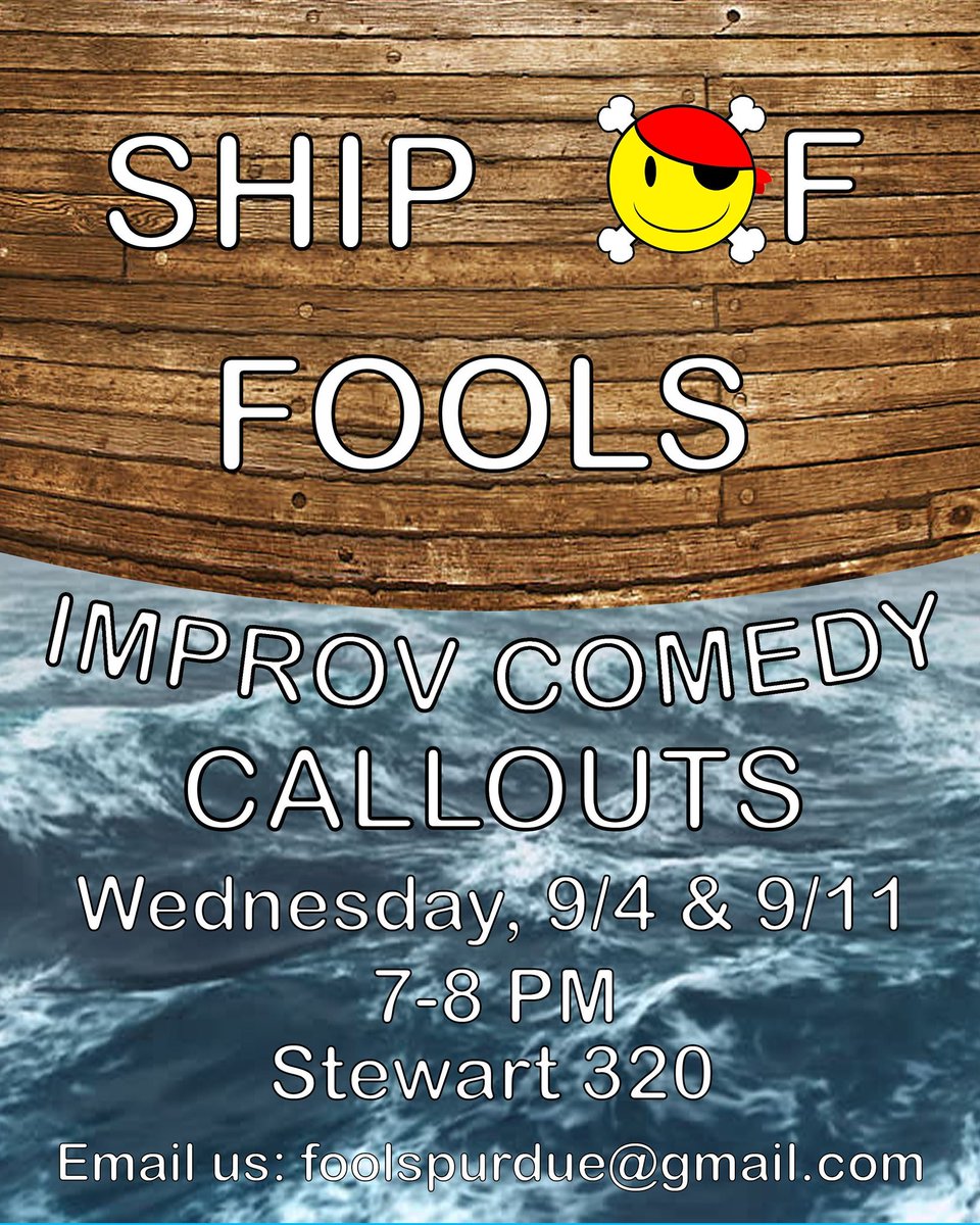 purduefools's tweet photo. CALLOUTS TODAY 9/4 AT 7PM!!! Don't worry! If you cannot make it to Auditions today, we will have another date on 9/11 for you to try your hand at being a Fool! Hope to see you there!! https://t.co/a8hZDcQG6X