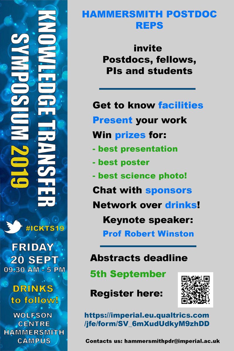 HPostdocs's tweet image. STILL time to REGISTER and join us at the Imperial Knowledge Transfer Symposium on Friday 20th September from 9:30-5pm!
imperial.eu.qualtrics.com/jfe/form/SV_6m…