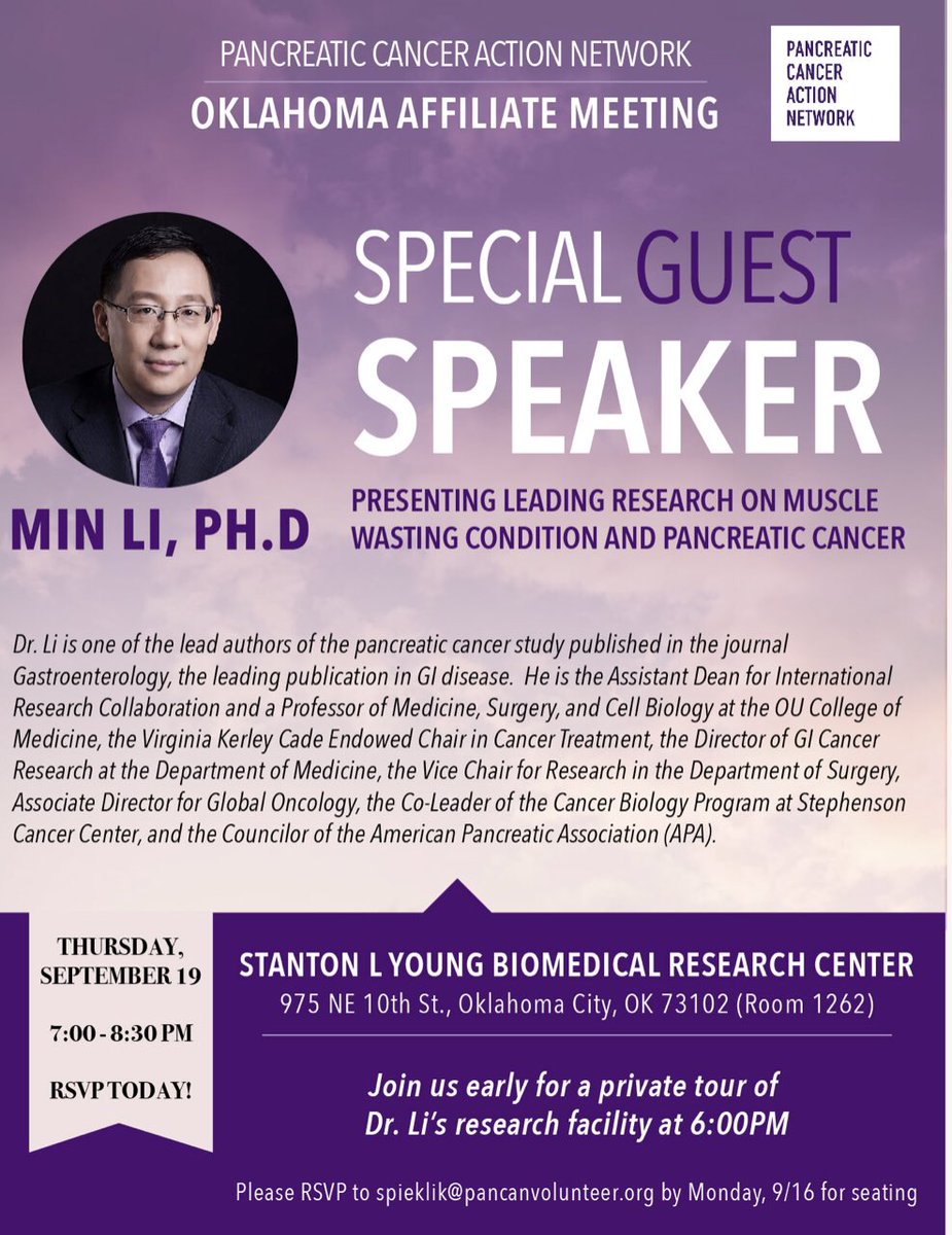 PanCAN_Oklahoma's tweet photo. Please join us for a special guest speaker! Thur Sept. 19th from 7pm-9pm. 
RSVP and join us early at 6pm for a private tour of Dr. Li’s research facility. We greatly appreciate all of Dr. Li’s hard work and look forward to hearing about all he has done. 
#MomentsMatter #WageHope https://t.co/IorRUucExU