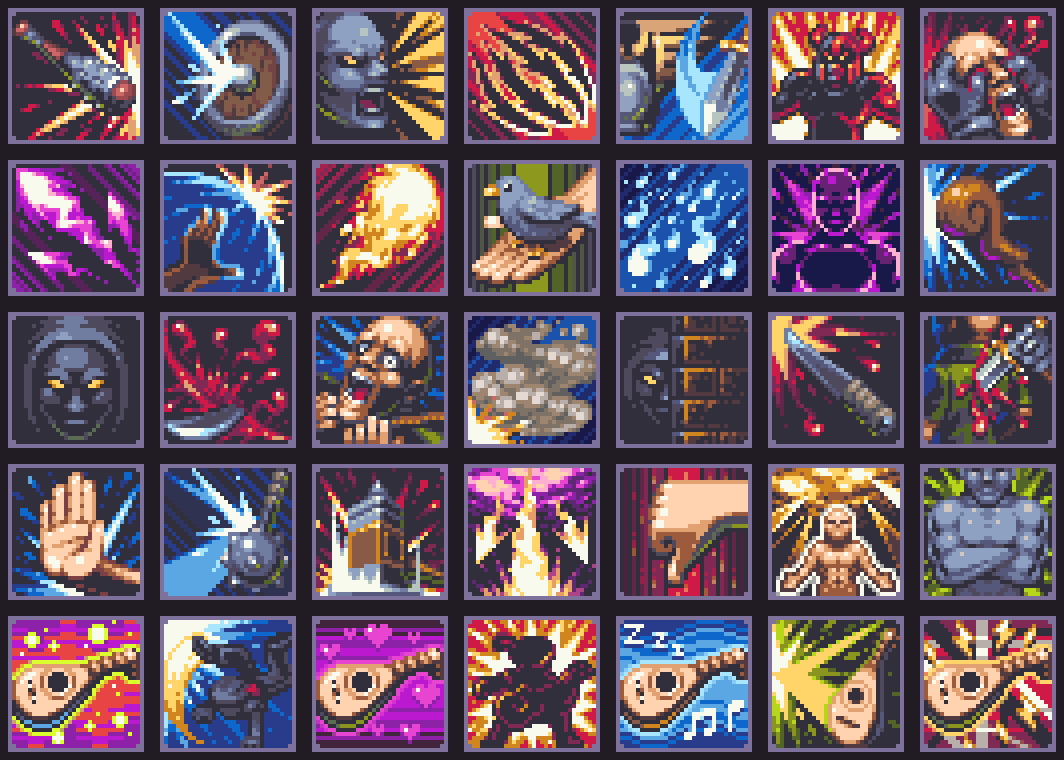 As you go Dungeoning, you'll need Moves. Row-by-row here it's Warrior, Wizard, Rogue, Cleric, Bard. 

godungeoning.com/post/187489450… #pixelart by <a href="/Soda_piggy/">Soda Piggy 🔜 GDC</a> #gamedev