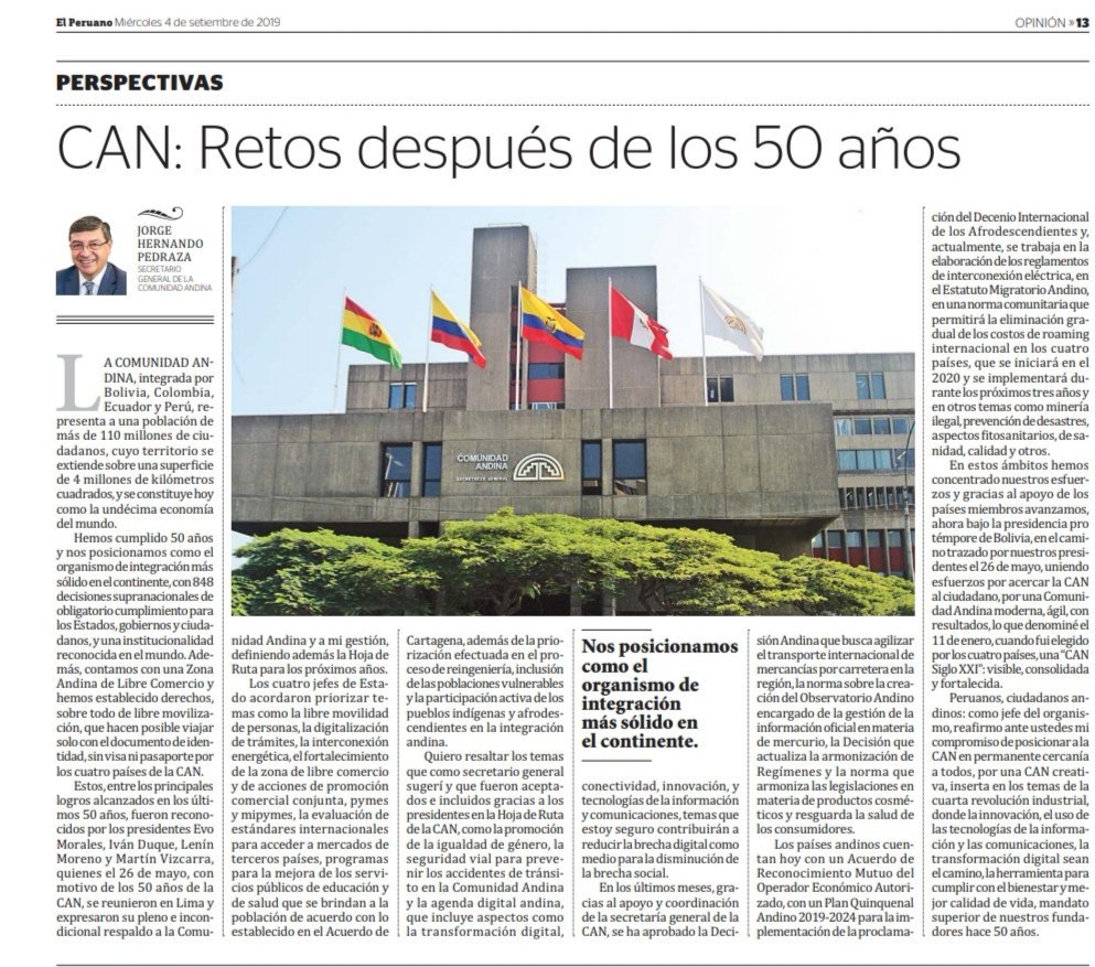 JHPedraza's tweet photo. Artículo "CAN: Retos después de los 50 años", publicado hoy en @DiarioElPeruano ➡️ https://t.co/ic6DHUyhIY https://t.co/dJhxuEinMG