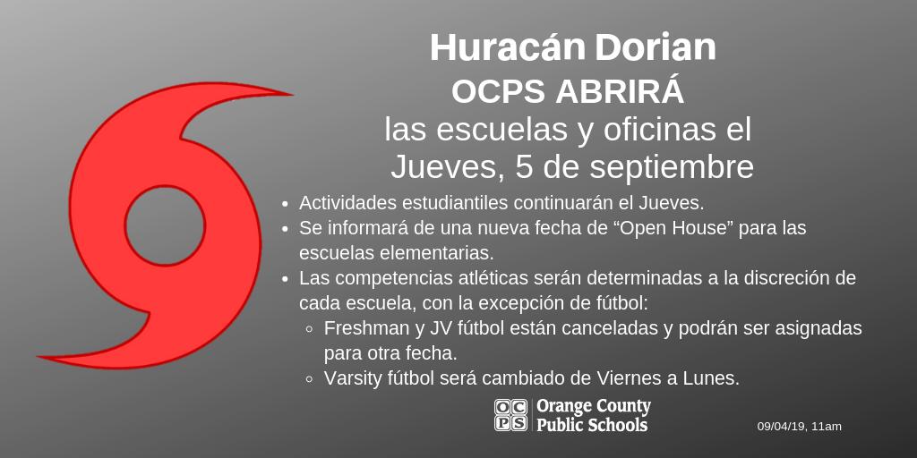 CONFIRMED: OCPS WILL OPEN Thurs. Sept. 5. The school make-up days are Fri. Oct. 18 &amp; Mon. Nov. 25. 

OCPS ABRIRÁ el Jueves, 5 de sept. Las fechas determinadas para reponer los días perdidos debido al huracán son el 18 de oct y el 25 de nov.  

#HurricaneDorian #HuracanDorian
