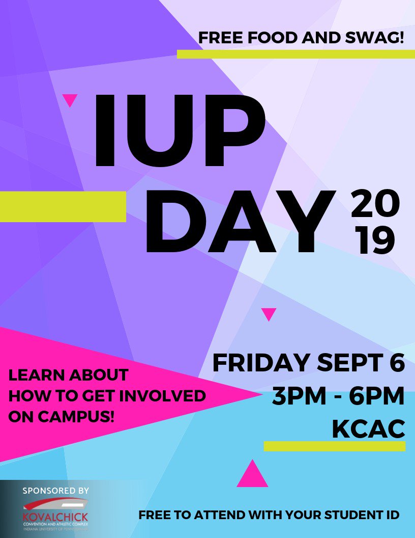 IUP_MCSLE's tweet photo. Are you #new2IUP and lookin' to get involved?  Or are you returning and want to make friends and beef up your resume?  Come to #IUPDay on Friday from 3-6 in the KCAC.  Free and open to all! #meetyourpeople #IheartIUP #IUP @IUPedu @IUPCrimsonHawk https://t.co/QWujGu3Hd2