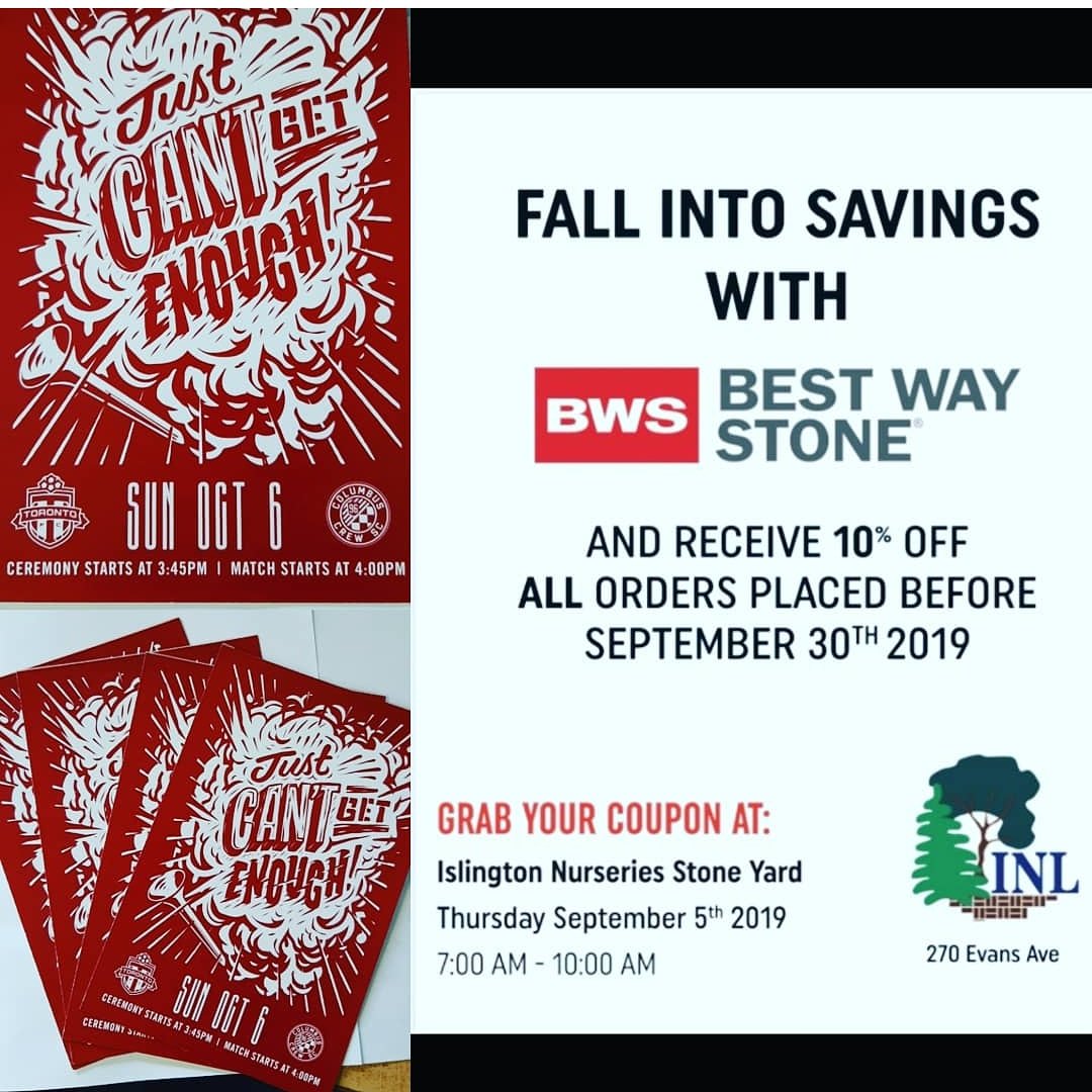 INL_Group's tweet photo. Best way will be here September 5th from 7am-10am
There are two pairs of TFC tickets up for grabs and @bestwaystone will be giving out 10% off coupons for any orders placed before September 30th Hope to see you there #bestwaystone #islingtonnurseriesstoneyard #tfc #soccer https://t.co/N6qGfwcxjb