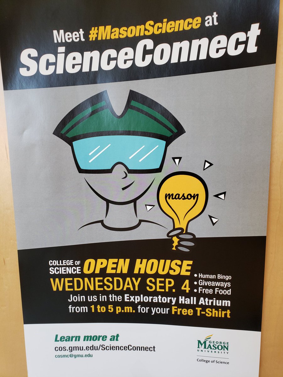 AssadTheAdvisor's tweet photo. This afternoon, we invite all @GMU_COS students to hang with us today for ScienceConnect in Exploratory Hall starting at 1pm. Giveaways, food, get the new tshirt and to meet your fellow COS students as well as faculty and staff. #MasonScience https://t.co/JUeZtUdOZD