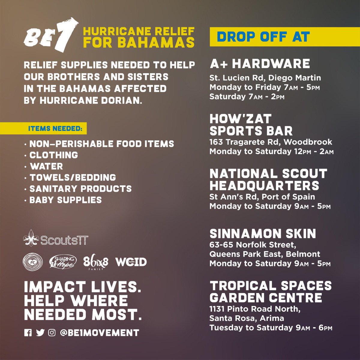 AjalaPilgrim's tweet photo. Let's Impact lives
and Help where needs it most!

@be1movement
@sharinghopett
@86ix8family
@wachubbleisdiswcid
@ScoutsTT
#RCOutreach
#BahamasStrong
#DorianRelief https://t.co/fhwOBIRrDS