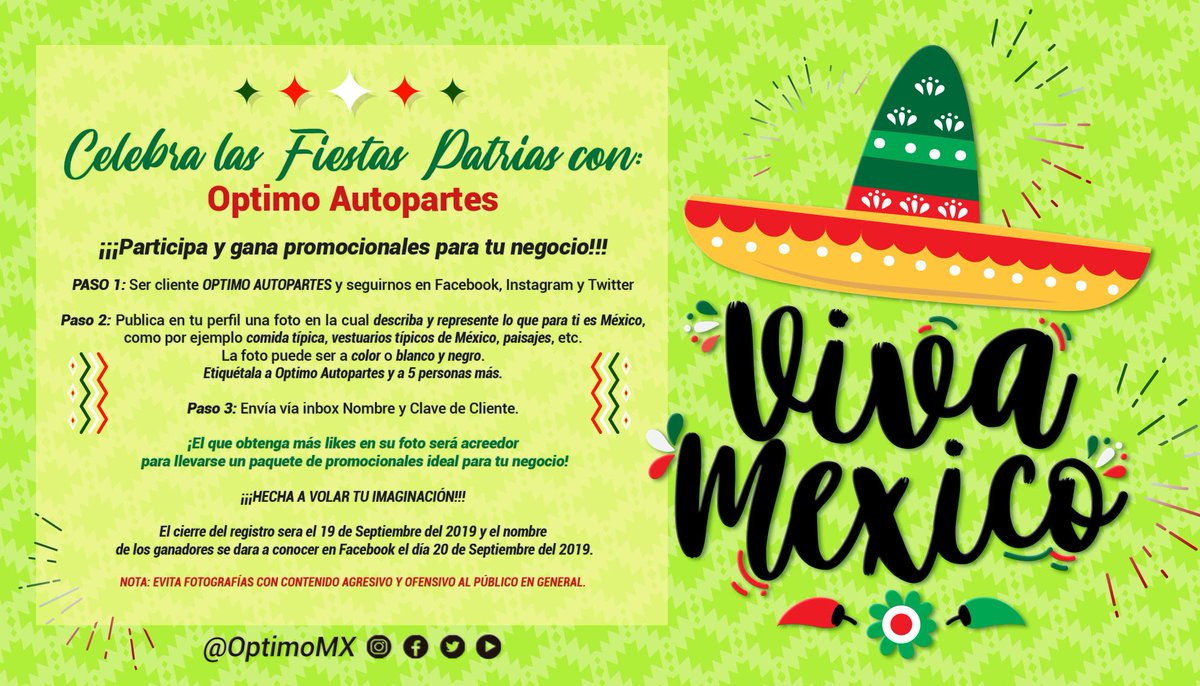 optimomx's tweet photo. 🇲🇽🇲🇽¡¡PARTICIPA Y GANA PROMOCIONALES PARA TU NEGOCIO!!🇲🇽🇲🇽
LEÉ LAS BASES:👇
Te invito a descargar nuestros catálogos de productos👇
https://t.co/yDzulcBgTa
#OptimoMx #FiestasPatrias #LoMásLeído #GritoDeIndependencia #MexicoMagico #SeptiembreMeGustasPor https://t.co/06tqtpk8d7