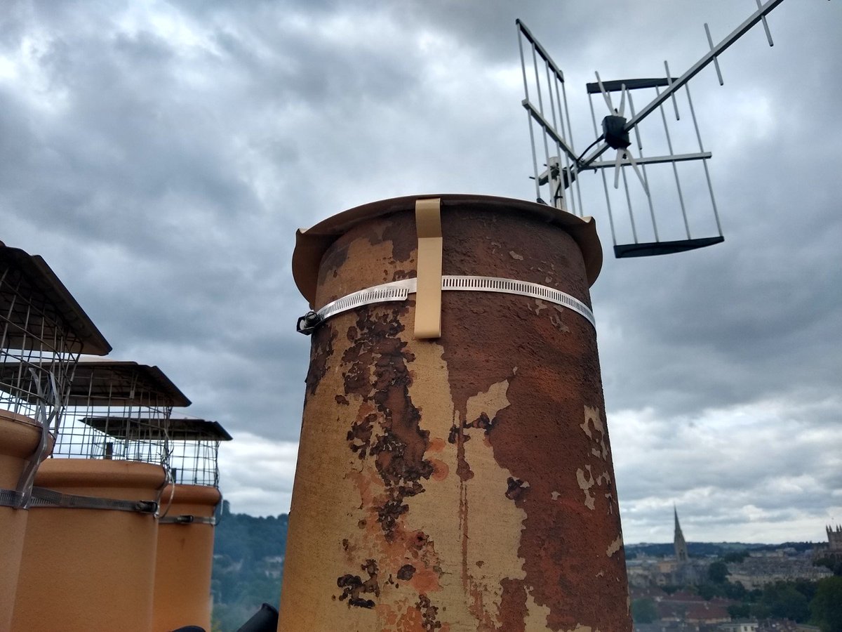 HotFlue's tweet photo. Atop the stack, we also deal with pots, cowls, bird guards and repairs. Michael &amp; Rob have a head for heights, love a risk assessment and have all the PPE and insurance necessary to safely and legally perform these jobs. For caps and cowls we use #brewercowls. https://t.co/FouR5rqen4