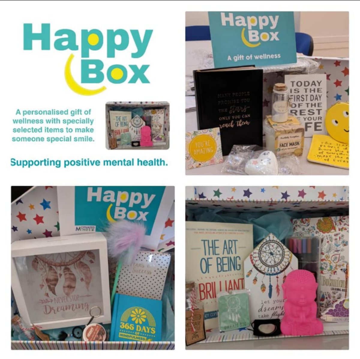 HappyHubUK's tweet photo. Our HAPPY Boxes are a fabulous gift of wellness. Thoughtfully personalised to support your wellbeing journey. Available as either a one off, or a monthly subscription. Prices start from £15 plus £4 signed for delivery. Treat yourself today!! #MentalHealth https://t.co/NgiU2uyNnI
