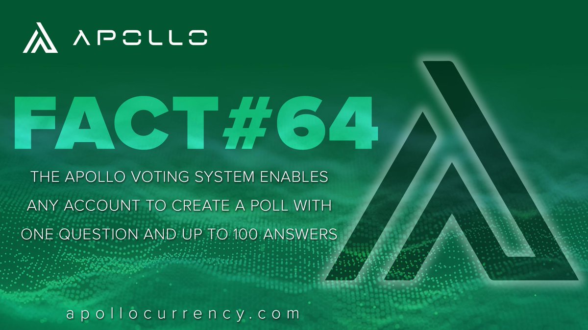 ApolloCurrency's tweet photo. Apollo Facts
A dose of Apollo facts you did and didn't know!

Apollo fact #64
The Apollo Voting System enables any account to create a poll with one question and up to 100 answers.

What's Next? #apollonauts

#apl #apollocurrency #bitcoin #cryptocurrency #btc #VotingSystem https://t.co/BIRKKLl28g