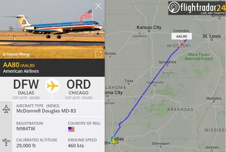 BrentSlane's tweet photo. The last MD-80 American Airlines Flight AA80 has cleared the #SGF airspace...  Thanks for the memories @AmericanAir ✈️#aa80 #super80sendoff https://t.co/L8ML4VasgC