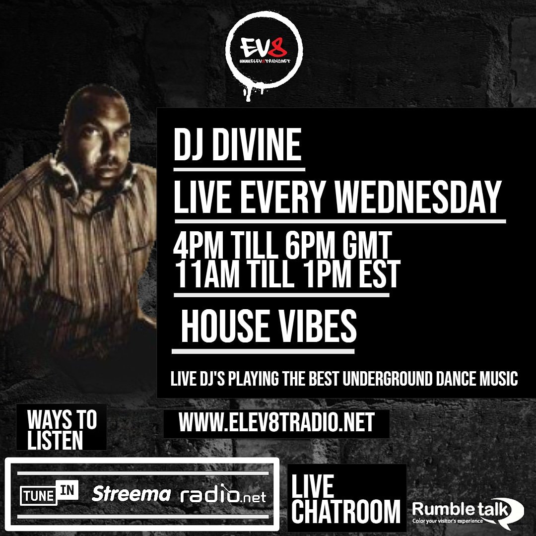 Elev8tradiouk's tweet photo. DJ Divine live till 6pm soulful house vibes lockin via TuneIn app or website https://t.co/mUlpk10GB5 https://t.co/vnOY7smjkQ