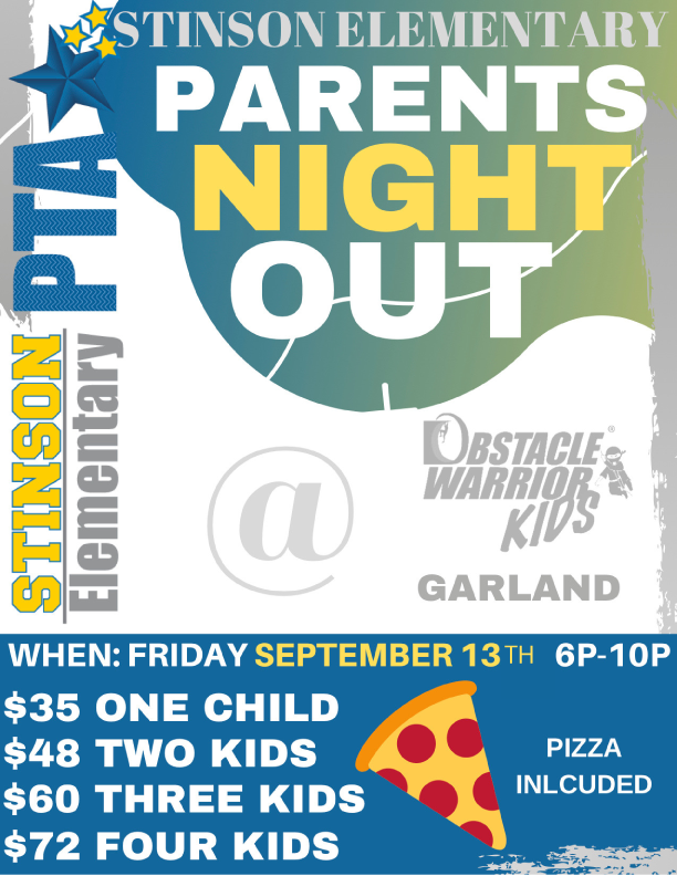 Back by popular demand!  Stinson Stars-- join us at Obstacle Warrior Kids on September 13th, from 6pm-10pm for a Parents Night Out ⭐️