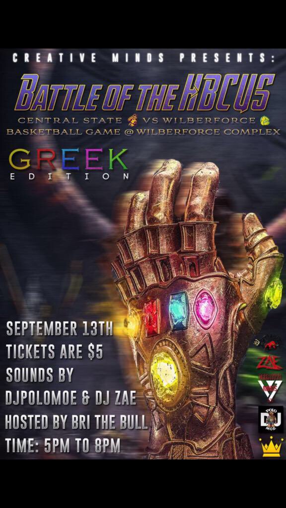 DJZae_'s tweet photo. 👑 #Battleofthehbcus 👑
🚨Central State vs Wilberforce Basketball Game Greek Edition 🚨
📆 Friday The 13th ☠️☠️
TICKETS $5 Contact RontheIota
Hosted By @BriTheBull
Sounds By @DJZae_& @DjPolomoe #creativemindsent team Captains @raxson23 @Dedicationsmith 🔥🔥 https://t.co/oe8pn6bMfJ
