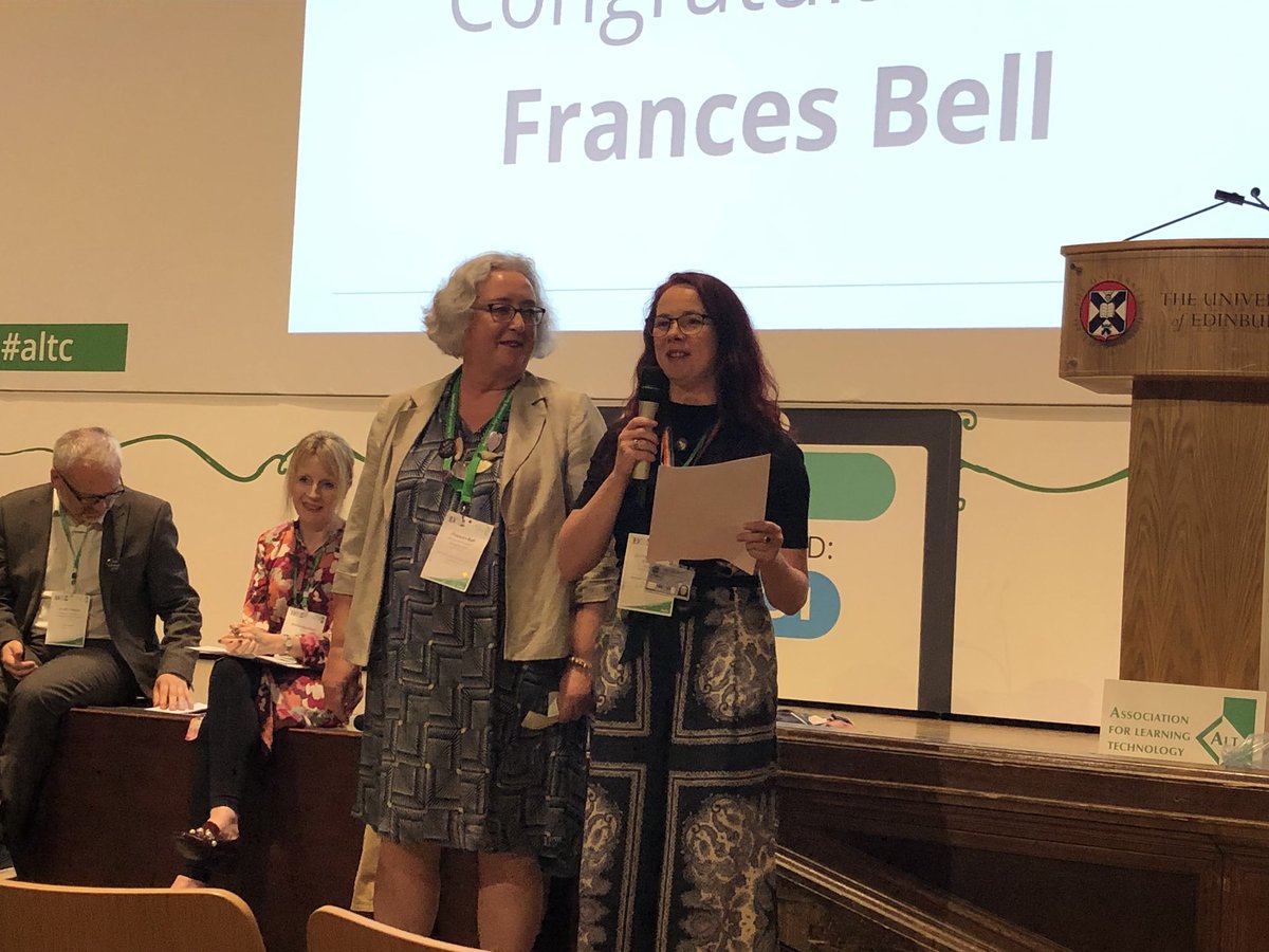 sharonlflynn's tweet image. Congratulations to @francesbell honorary lifetime award at #altc. Nominated by @catherinecronin. #femedtech