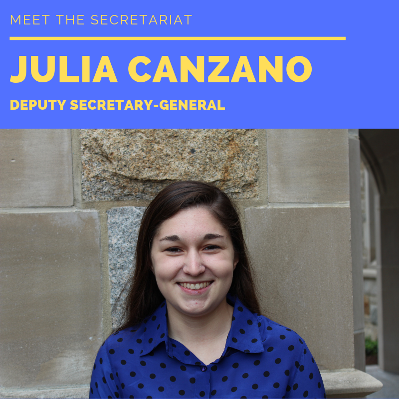 EagleMUNC's tweet photo. Meet your Deputy Secretary-General, Julia Canzano! Julia is a junior at Boston College studying History and Political Science. This year will be Julia's seventh year of MUN. Outside of MUN, Julia can be found running, swing dancing, or testing out new recipes in her kitchen. https://t.co/gXD3Uz8RAk