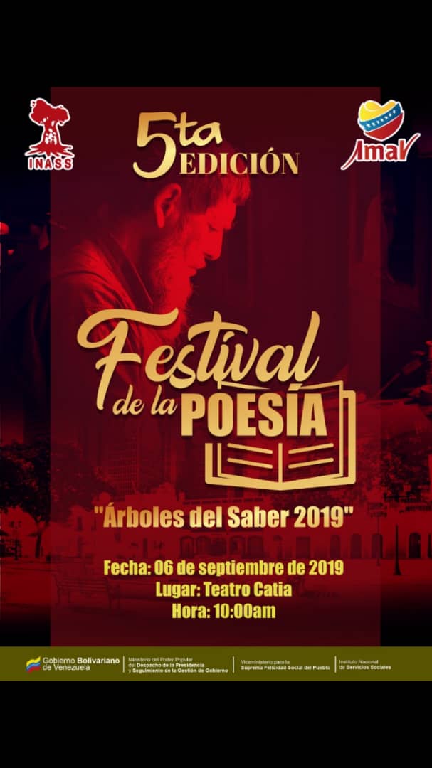 #InassAlDía
El INASS, te invita a participar  en la 5ta Edición del festival de Poesía Árboles del Saber 2019, donde nuestros adultos y adultas mayores de los diversos centros INASS nos deleitarán con sus hermosas poesías
¡Te esperamos! 
<a href="/gladysrequena/">Gladys Requena</a> <a href="/DPresidencia/">Despacho Presidencia</a> <a href="/vmsfelicidad/">Viceministerio para la Suprema Felicidad Social</a>
