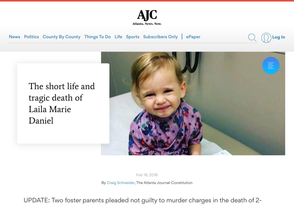 GA: The Short Life & Tragic Death of 2 Yr Old Laila Marie Daniel  #FosterCare Parents, Joseph & Jennifer Rosenbaum, Convicted of Laila’s Death & Sentenced to Life In Prison https://www.ajc.com/news/local/the-short-life-and-tragic-death-laila-marie-daniel/RoUb8hgCcWJZBB5NhhGqJO/