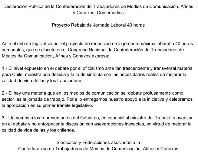 Proyecto de las #40Horas: Confederación de Trabajadores de Medios de Comunicación apoya propuesta y pide no entorpecer la discusión con "aseveraciones inexactas"
