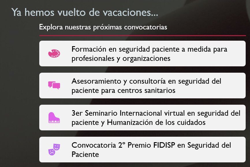 fundacionfidisp's tweet photo. Ya hemos vuelto de vacaciones: Conoce nuestras próximas actividades en #seguridad del paciente  https://t.co/Rc72VRBYM0 #segpac #psafety #ptsafety #seguridadpaciente https://t.co/I9nzpdS5e8