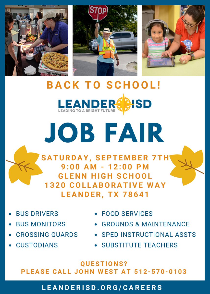 WFSRuralCapJobs's tweet photo. 🚨Job Fair Alert!🚨@LeanderISD is hiring for multiple positions, and they're hosting a career event on Saturday from 9A-12P to connect with you. Visit @TomGlennHS in Leander to take part. For more info on the available opportunities: https://t.co/uAd1Omx0ng #RuralCapJobs https://t.co/OkBLULhGrH