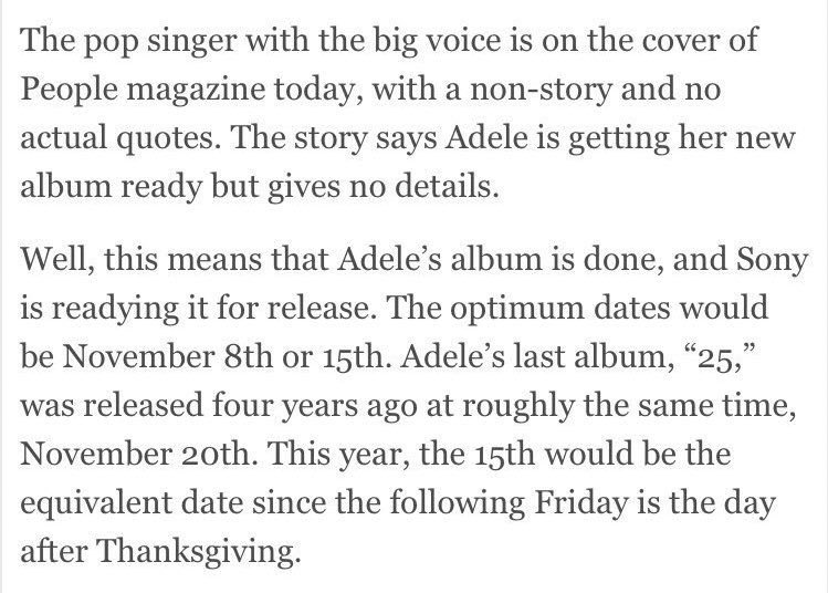 RequiemCowboy's tweet image. According to Showbiz 411, Adele’s new album is done and is expected to be released November 8th or 15th!

Are you ready for the new era?!