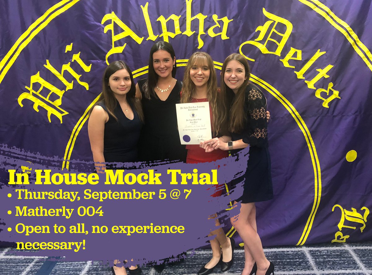 UFPAD's tweet image. Pre-law? Interested in going to law school? Curious about how the litigation process works? Consider joining UF Phi Alpha Delta’s in-house mock trial program! The first meeting is September 5th as long as weather doesn’t interfere. See you soon!