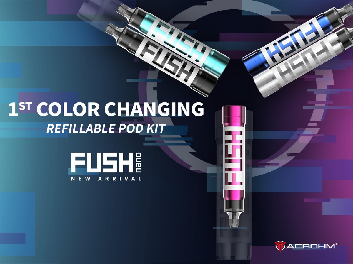 😍#ACROHM FUSH nano Pod System
Shake to change colors like #FushSemiMech . 
Features:
1. Airflow Control-7W; Button Switch-10W;
2. Special “RTA”-LIKE POD
3. 550 mAh Battery .
acrohm.com/fush-nano
Want to be a tester? Retwit the post with #AcrohmFushNano comment your opinion.🎊