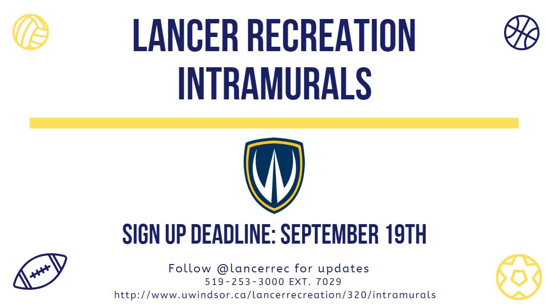 Rep your blue and gold spirit out on the playing field this fall. The intramural registration deadline is Thursday September 19! Sign up today #WindsorWednesday