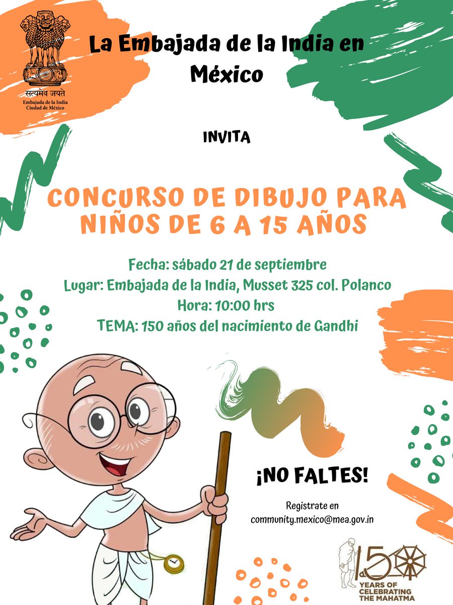 India in México (@indembmexico) on Twitter photo #Gandhi150
Concurso de dibujo con el tema de 150 aniversario de nacimiento de #Gandhi para los niños. No faltes y registrate con nombre y edad en community.mexico@mea.gov.in.
Te esperamos
<a href="/IndianAssoMex/">Indian Association Of Mexico ( IAM )</a> @GTICCMEXICO <a href="/VohraManpreet/">Manpreet Vohra</a> #Gandhi150
Concurso de dibujo con el tema de 150 aniversario de nacimiento de #Gandhi para los niños. No faltes y registrate con nombre y edad en community.mexico@mea.gov.in.
Te esperamos
<a href="/IndianAssoMex/">Indian Association Of Mexico ( IAM )</a> @GTICCMEXICO <a href="/VohraManpreet/">Manpreet Vohra</a>