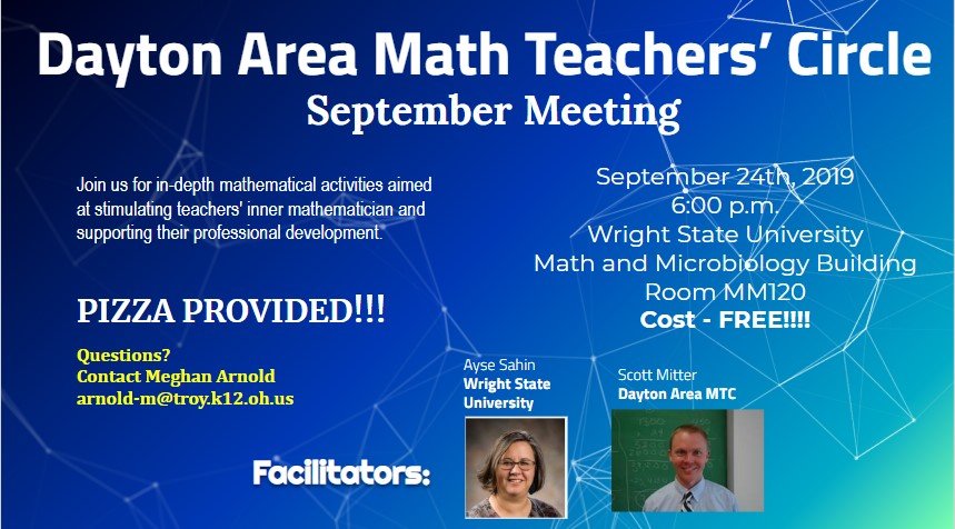 The next Dayton Area Math Circle Meeting will be at 6:00PM on September 24th in the  Wright State University Math and Microbiology building MM120.

Follow this link to register:
forms.gle/53JmBiXKraJiiN…