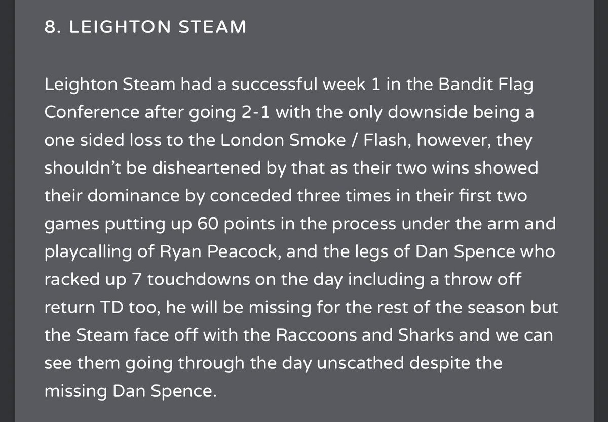SteamFlag's tweet photo. The Steam have gone up two places in the @OutlawFlag power rankings after going 2-1 in the first round of games!! #TeamSteam #LetsGetSteaming #CrazyTrain @Gridiron @IndustriousRecr https://t.co/jHghR7sHSx