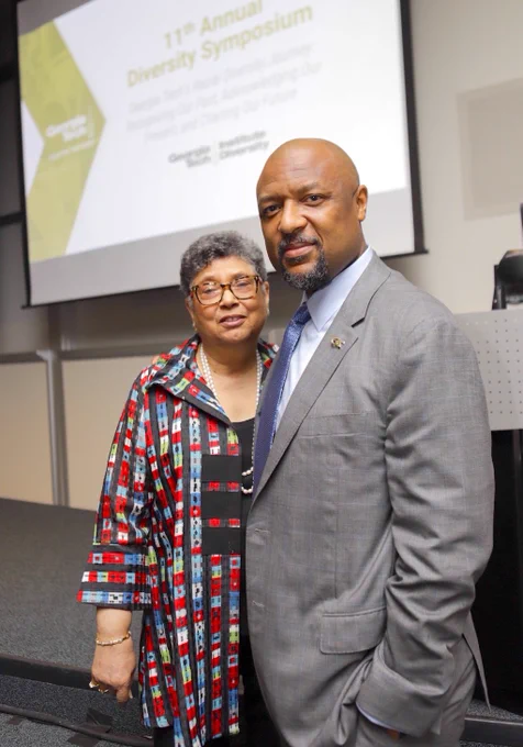 Georgia Tech Dean of Computing Charles Isbell joins Dr. Dorothy Cowser Yancy for a photo at the 11th annual Diversity Symposium at Georgia Tech