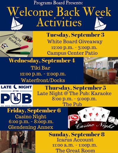 smcmpb's tweet image. Welcome back everyone! Happy day 2 of classes! Here is a list of our welcome back week activities. Stay tuned for more highlights and updates 👀 #welcomebackweek #smcmpb