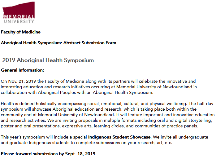 Centre_Atlantic's tweet photo. Memorial University is now accepting abstracts for the 2019 Aboriginal Health Symposium, happening on November 21st. Deadline to apply is September 18th. https://t.co/AbPuwSWv4S
