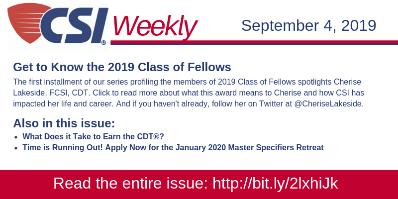 CSIConstruction's tweet photo. Like Cher and Adele, CSI's newest Fellow needs only one name! This week's #CSIWeekly spotlights @CheriseLakeside, who will be honored as a member of CSI's 2019 Class of Fellows at @CONSTRUCTshow on October 10. Learn more about her at https://t.co/S9fK8wih1K. https://t.co/LFrT9ExiUW
