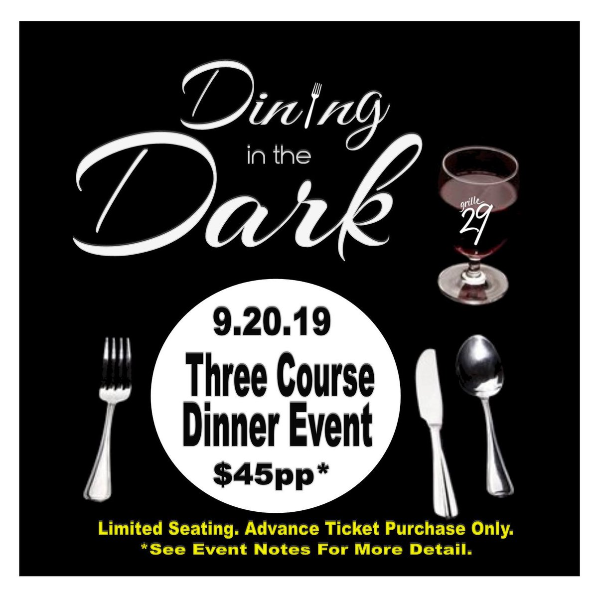 Grille29's tweet photo. Join us for a culinary adventure in the dark, a one-of-a-kind sensory experience that will bring you fully present in the moment, allowing you to connect with food and to those around you, in an unfamiliar, emotionally powerful way. https://t.co/byOxQWkgKX