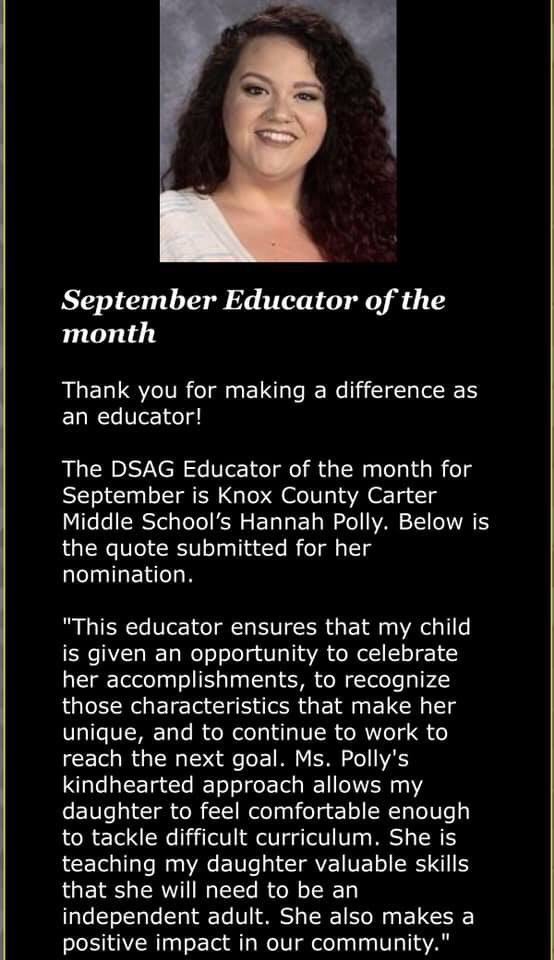 TNTECHCOEDSSC's tweet photo. Congratulations to Knox County Carter Middle School's Hannah Polly!! The DSAG Educator of the month. https://t.co/VNEECi01hO