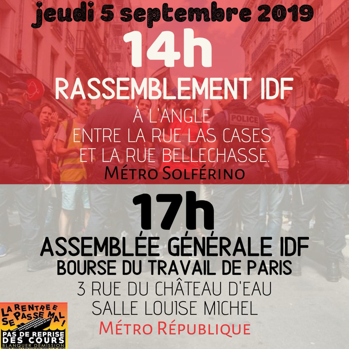 SR_Versailles's tweet photo. ⚠️Jeudi 5 septembre : la #Rentree2019 se passe mal : nombreux établissements en grève !
📢 Rassemblement à 14h près du ministère de @jmblanquer.
📢AG à 17h à la bourse du travail !
La lutte continue !✊
#stopreformeblanquer #stopmepris #stylosrouges #augmentetonprof #rentréenoire https://t.co/i4DOQF8TTD