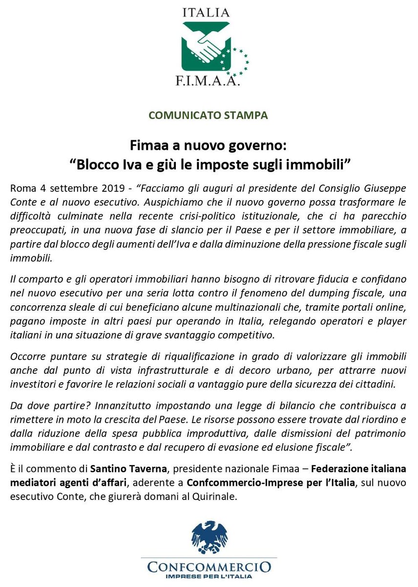 FimaaItalia's tweet photo. 💥 #Fimaa @Confcommercio a #nuovogoverno: “Blocco #Iva e giù le imposte sugli immobili” 🏘🤝🏘👔 @Palazzo_Chigi https://t.co/n4H2u1JdyM
