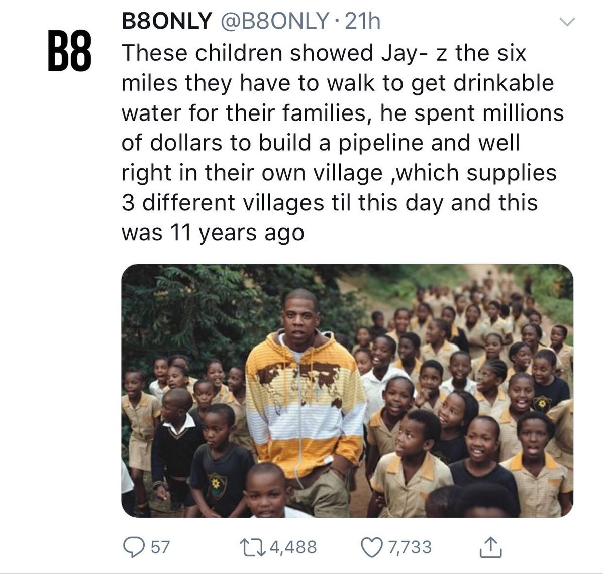 Jay-Z spent millions of dollars to build water pipeline and wells for villages in Africa.