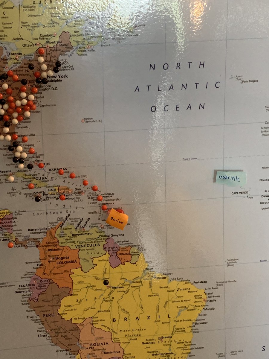 ClayCrawfordEdu's tweet photo. We’ve had fun launching every day by practicing a little latitude and longitude with all our hurricanes and tropical storms. Students have enjoyed pinning the daily updates on our class map. They’re predictions have been pretty spot on. #HurricaneDorian #7thGradeGeography https://t.co/YtT5Qbp0zR