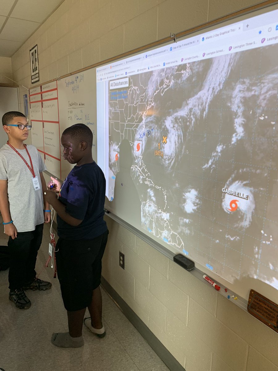 ClayCrawfordEdu's tweet photo. We’ve had fun launching every day by practicing a little latitude and longitude with all our hurricanes and tropical storms. Students have enjoyed pinning the daily updates on our class map. They’re predictions have been pretty spot on. #HurricaneDorian #7thGradeGeography https://t.co/YtT5Qbp0zR