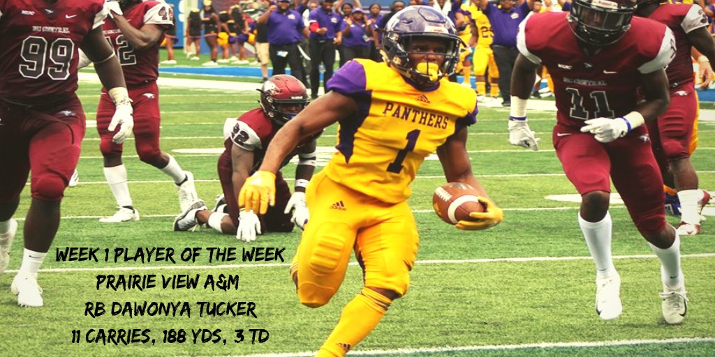 SpotlightHBCU's tweet photo. Our Week 1 Player of The Week goes out to Prairie View A&M RB Dawonya Tucker. Tucker had himself a game in the Labor Day Classic against his schools rival Texas Southern. Tucker showed that he is one of the mosr versatile and all around backs in all of HBCU football. https://t.co/Nse8V2Etwi